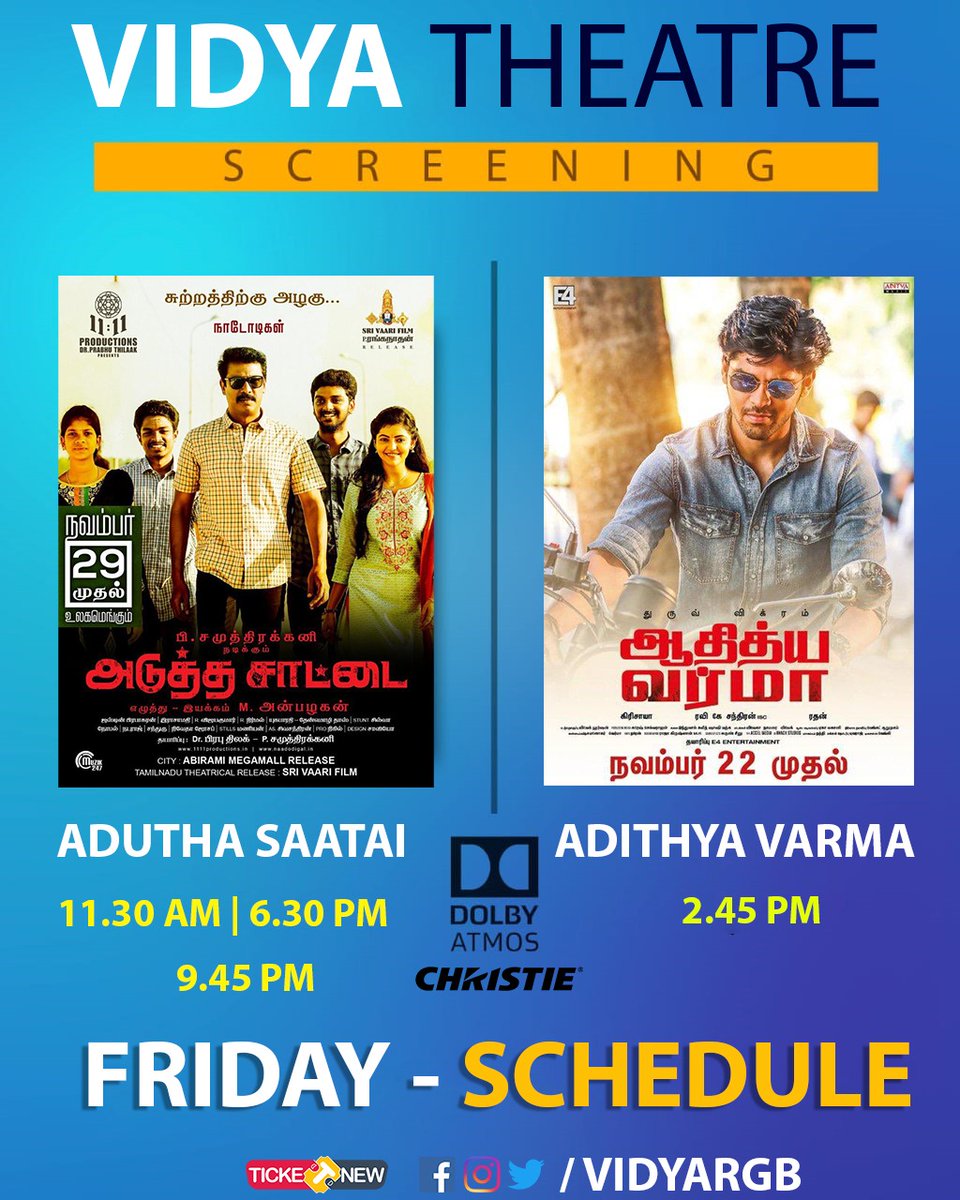 #This Week Schedule::))
@thondankani 's #AduthaSaattai Releasing This week..Enjoy Both Movies In Our Powerful Dolby Atmos & #RGBlaser Projection..Bookings Open Now @TicketNew..
#RGBLaserInVIDYA
