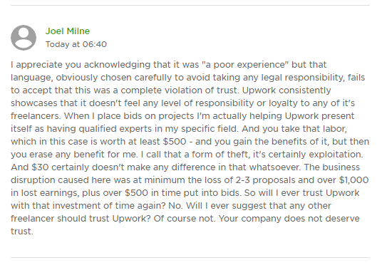 EatBuildPlay's tweet photo. #Upwork offered me a $30 refund for connects purchased as compensation for automatically withdrawing dozens of proposals that were still active. I wrote this in reply, pointing out that this is not remotely consistent with the lost time and earnings that resulted. #fireupwork https://t.co/nSW7YZo9Th