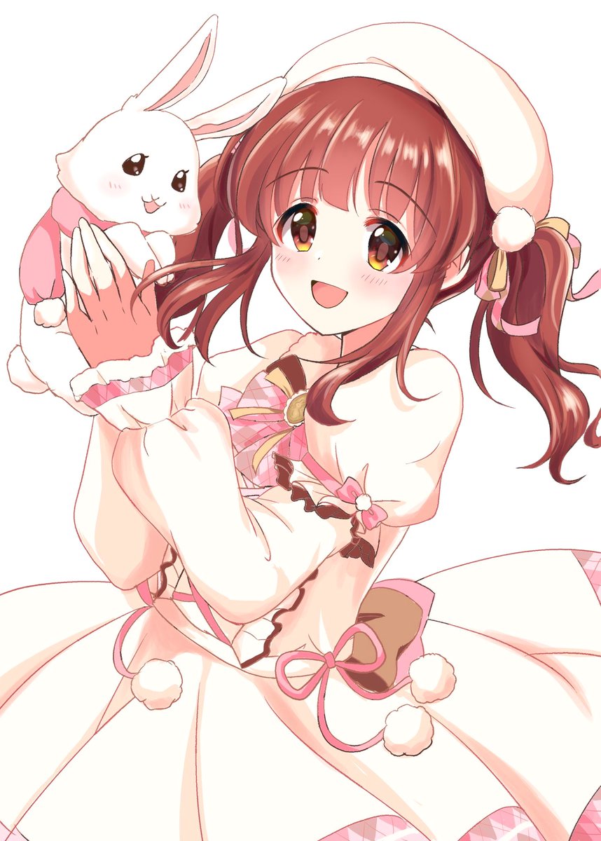 ogata chieri 1girl twintails dress brown hair white background smile rabbit  illustration images