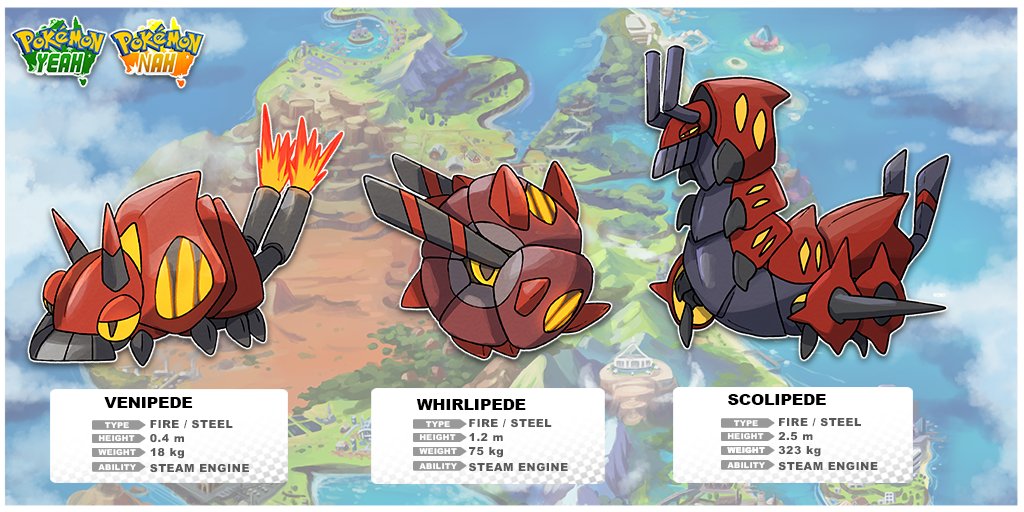 Been a while, huh? These Strayan Venipede travel through tunnels they have dug in the volcanic island off the coast of Wajiant City. Scolipede travel at full speeds by blasting flames from behind them and using their armored plates similar to wheels.