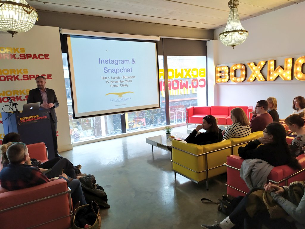 LEOWaterford's tweet photo. Another full house in @BoxWorksCoWork for this month's instalment of Talk 'n Lunch. Ronan from @EagleDreamsDM is sharing his wisdom on how to use Instagram and Snapchat as a business tool. https://t.co/j0xz8s2B2l