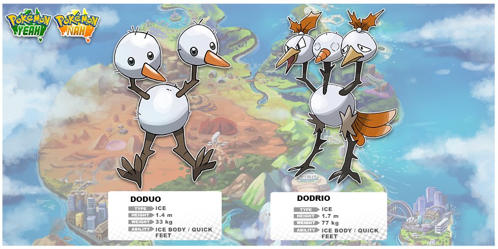 Strayan Doduo lost a war to their emu rivals and were banished to the snowy mountains. The third head of the Dodrio is fake. Sometimes the "beak" will fall off during battle, which the Dodrio will scramble to put back on.These were influenced by  @JamesTurner_42's fun designs 