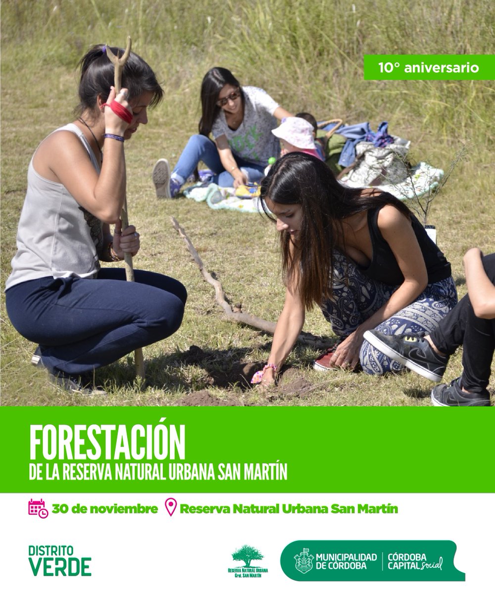 AmbienteMuniCba's tweet photo. 😃La Municipalidad te invita a participar y celebrar el 10° Aniversario de la Reserva Natural Urbana San Martín, este sábado desde las 9 horas. 
Jornada de plantación de especies nativas y ceremonia para el Monte Nativo junto al Instituto de Culturas Aborígenes.🌳👨‍👩‍👧¡Te esperamos! https://t.co/aifysoGyic
