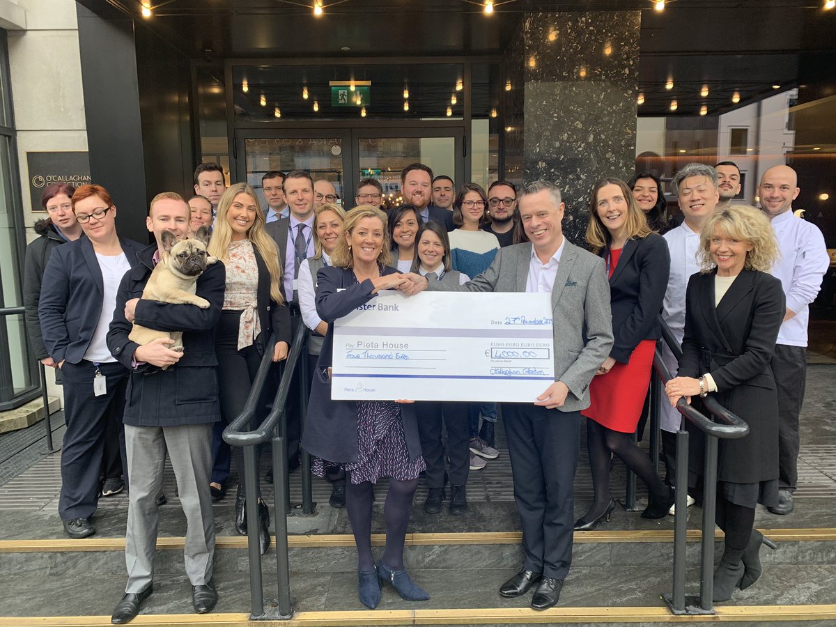 OCHdublin's tweet photo. We were delighted to present @PietaHouse with a cheque for €4000 this morning which we raised while cycling the distance from Dublin to Gibraltar on static bikes outside The Davenport hotel on September 4th and 5th. Such a great cause to raise money for we are very proud👏🏼 https://t.co/a6YovWmrHt