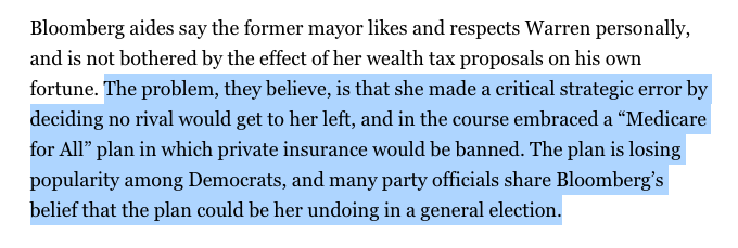 Disclaimer: I believe those polls & share concern about Warren's viability in the general. One of key reasons Team Bloomberg cites for her poor performance in the general election? Her strategic decision to embrace single payer M4A, which "could be her undoing in a general" 3/