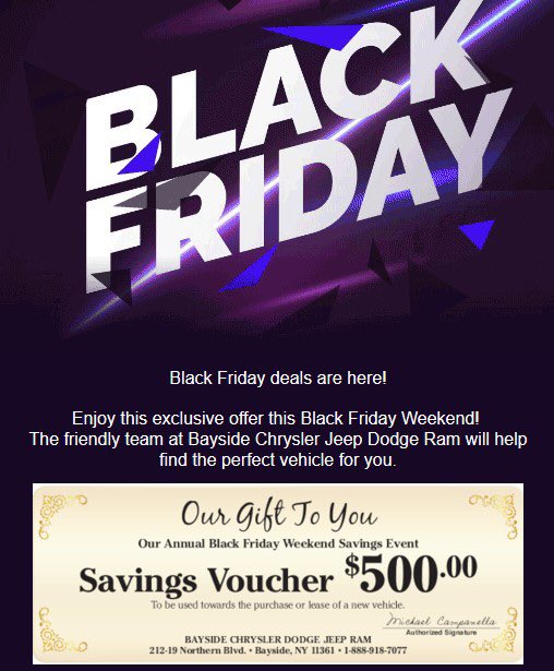 CryslrJeepDodge's tweet photo. #BlackFriday is almost here, and we’ve got a $500 savings voucher for the purchase or lease of a new car! 😱 Before you break out the Thanksgiving leftovers, stop by Bayside Chrysler Jeep Dodge on Friday, open 9 AM to 9 PM.

#chrysler #jeep #dodge #ramtrucks #newcarwhodis https://t.co/8El8VUhlyD