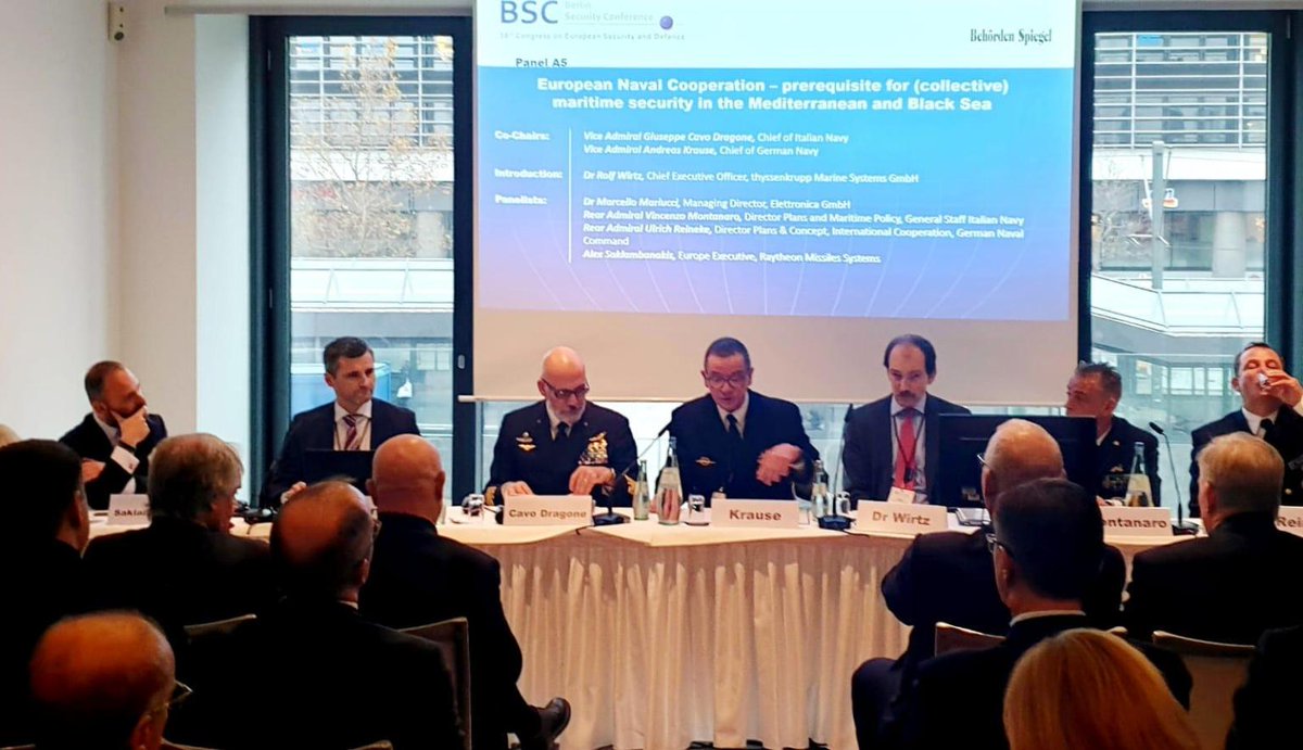 ELTGrp's tweet photo. Marcello Mariucci, #ElettronicaGmbH Managing Director, took part in the debate about the European Naval Cooperation, as a prerequisite for collective maritime security in the Mediterranean. #BerlinSecurityConference #BSC2019 https://t.co/fU4SpuZtKi