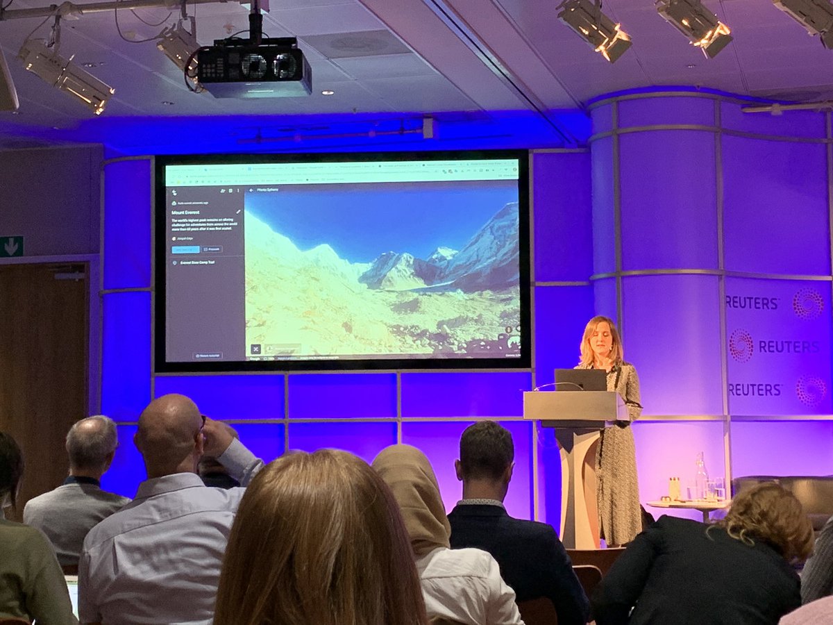 Gavinallen's tweet photo. @abigailedge is showing off the new @googleearth #creationtools which allow you to use the mapping imagery to make slideshow-style stuff. A free embeddable tool for journalists to create content with images, video, text, animation #NewsRewired https://t.co/Crp4gtZ2pg