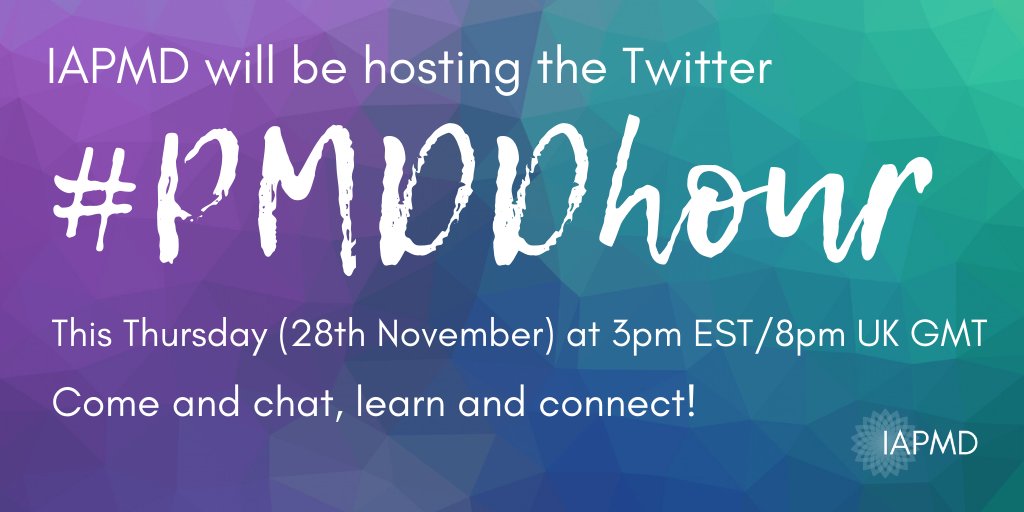IAPMDglobal's tweet image. Hi! Tomorrow, IAPMD will be hosting #PMDDhour at 3pm EST/8pm GMT - We know it is Thanksgiving for some of you (timing!) but please do pop along if you can. We will be sharing what IAPMD offers #PMDDpeeps and where you can find help and resources if you have #PMDD  &amp;lt;3
