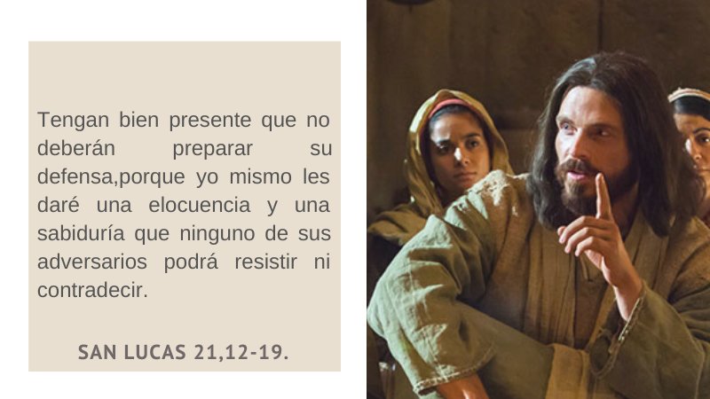 Comunidad Católica El Salvador del Mundo on X: "Evangelio según San Lucas 21 ,12-19. Tengan bien presente que no deberán preparar su defensa, porque yo  mismo les daré una elocuencia y una sabiduría