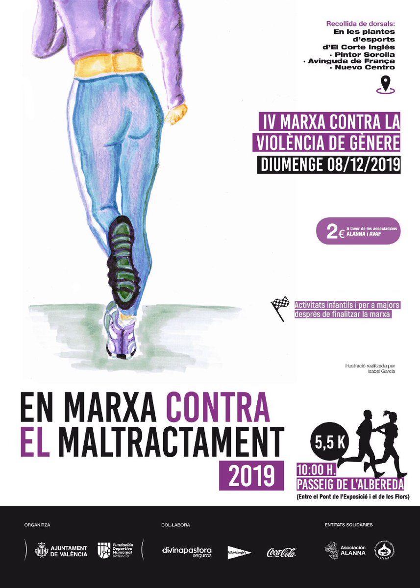 🏃‍♀️ #València organitza la IV Marxa contra el Maltractament, t'apuntes? La <a href="/FDMValencia/">FDM Deporte València</a> coordina la iniciativa i la recaptació serà per a <a href="/alannaasoc/">ALANNA</a>
 i @AVAFacogimiento 👟. Volem conscienciar contra la violència masclista💜. Inscriu-te!
🗓 8 de desembre
ℹ️ bit.ly/2COvJ0R