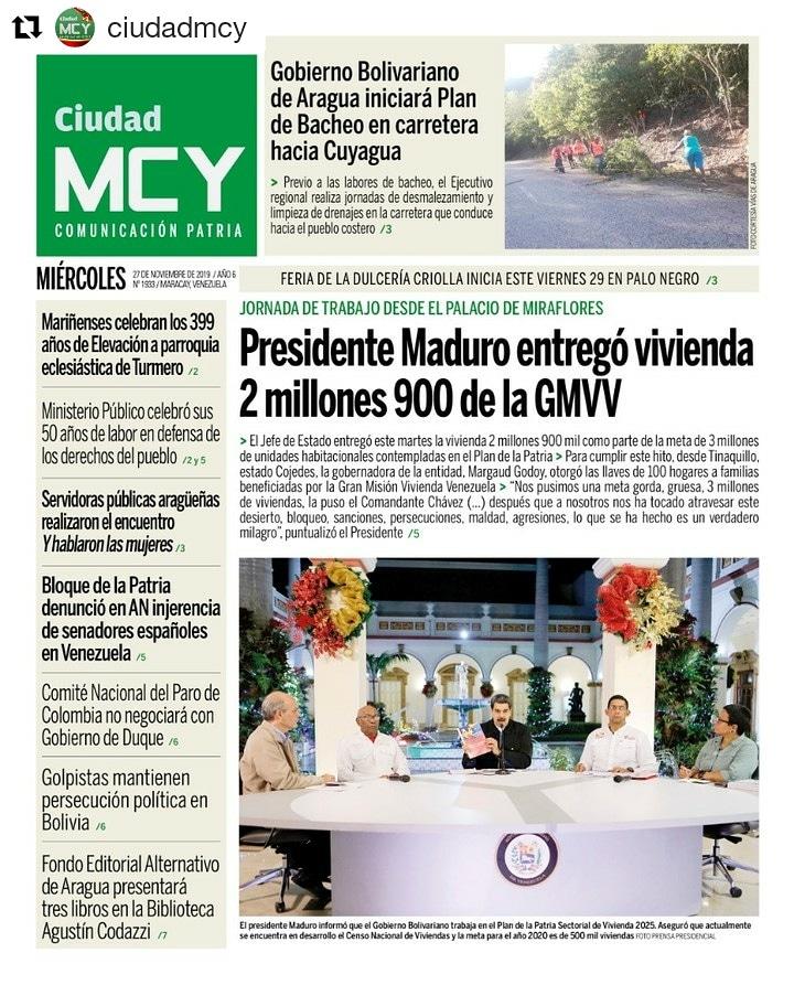 #FelizMiércoles portada de hoy 27/11/2019. #CiudadMCY #ComunicaciónPatria #27Nov #VenezuelaPatriaProductiva #Venezuela #Aragua #Maracay