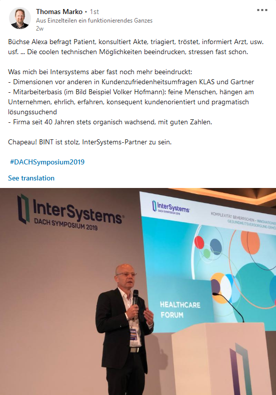 BINT_GmbH's tweet photo. Unser CEO Thomas Marko zum Partner @InterSystems_DE während #DACHSymposium2019:
https://t.co/7xiX155LYB

#intersystems #bintmed #healthcare #ehealth https://t.co/zhSbJhYPUE