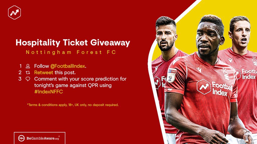 Football Index (@footballindex) on Twitter photo Looking forward to the game tonight #NFFC fans? 🔴
We have 4 pairs of hospitality tickets to give away for the next <a href="/NFFC/">Nottingham Forest</a> home game against Cardiff! 🎫
To enter:
1️⃣ Follow <a href="/FootballIndex/">Football Index</a>
2️⃣ Retweet
3️⃣ Reply below with your score prediction for tonight's game using #IndexNFFC Looking forward to the game tonight #NFFC fans? 🔴
We have 4 pairs of hospitality tickets to give away for the next <a href="/NFFC/">Nottingham Forest</a> home game against Cardiff! 🎫
To enter:
1️⃣ Follow <a href="/FootballIndex/">Football Index</a>
2️⃣ Retweet
3️⃣ Reply below with your score prediction for tonight's game using #IndexNFFC