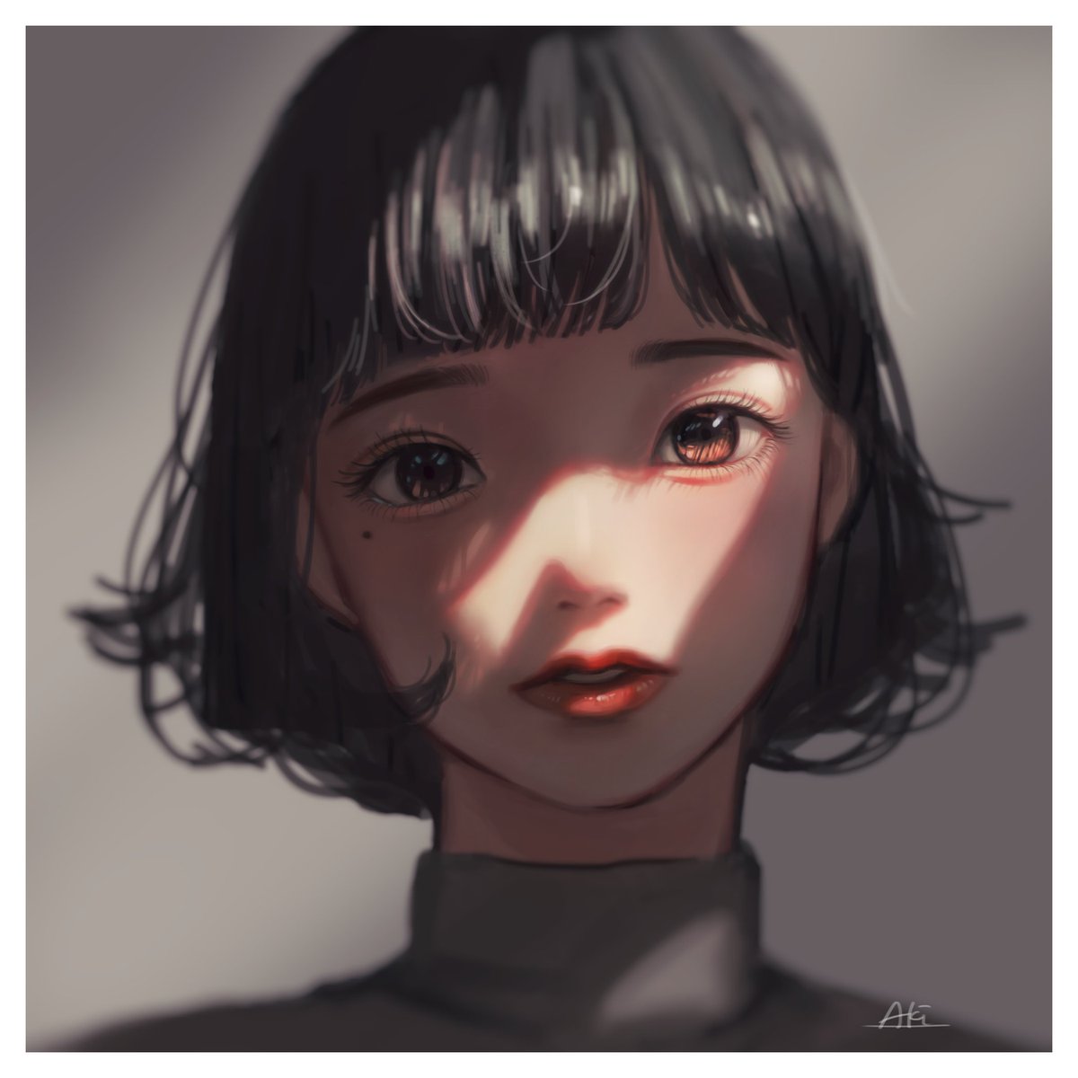 1girl solo short hair looking at viewer mole under eye parted lips black hair  illustration images