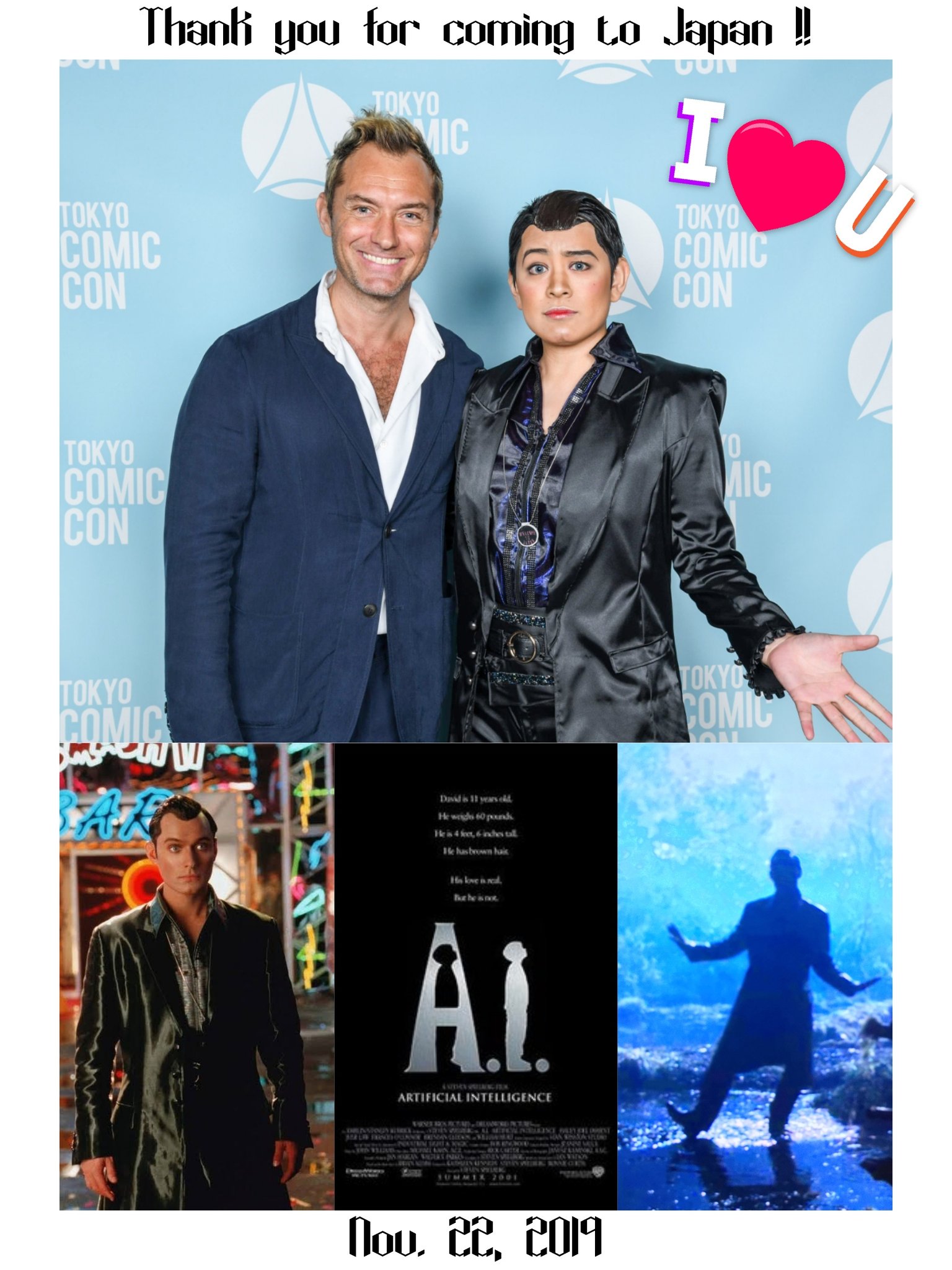 Rocca 映画 A I のジュード ロウさん扮するジゴロ ジョーが大好きで コミコンゲスト決定日にコスプレ決意 目があった瞬間気づいてくれ ジョー とニコニコ喜んでくれたので一瞬タップ 踏んだら ファンタスティック と