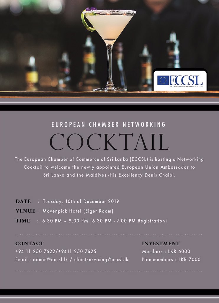 hatem23's tweet photo. European Chamber Networking Cocktail to welcome new EU Ambassador to Sri Lanka His Excellency Denis Chaibi #eccsl https://t.co/PsEm9oCt4R