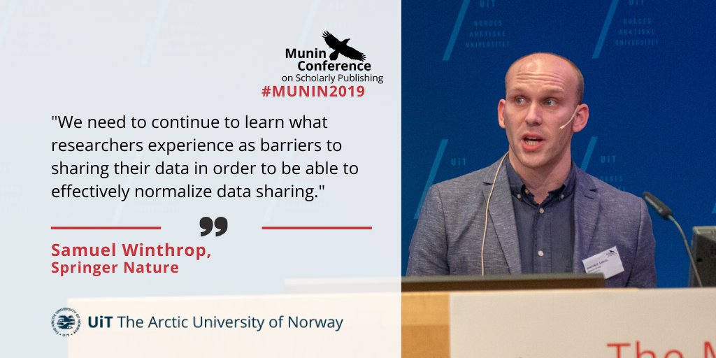 MuninConf's tweet image. Speaker Samuel Winthrop @samofthedamned from Springer Nature. &quot;We need to continue to learn what researchers experience as barriers to sharing their data in order to be able to effectively normalize data sharing.&quot; #Munin2019 septentrio.uit.no/index.php/SCS/…