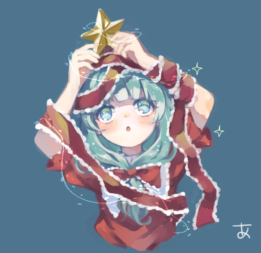 kagiyama hina 1girl solo front ponytail green hair star (symbol) ribbon frilled ribbon  illustration images