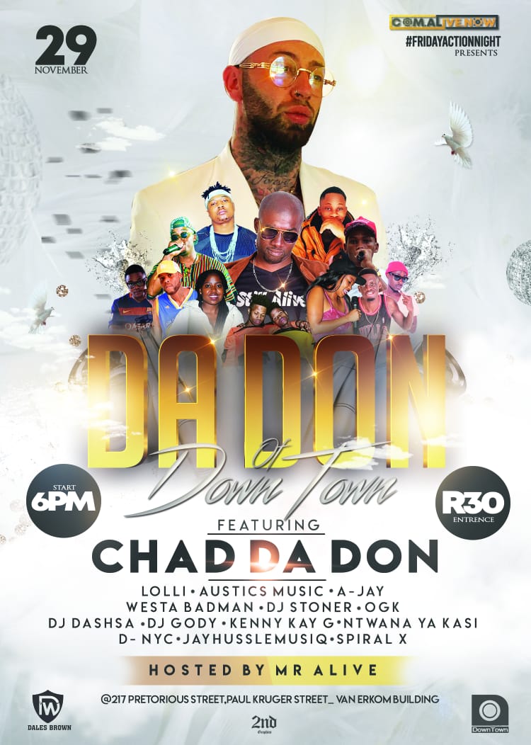 TaniaMsTan's tweet photo. #FridayActionNight with *Chad Da Don* π is loading
29th November @ DownTown lounge( 217 Pretorious street and Paul kruger street _Van Erkom building. From 6 pm till late R30 entrance fee
@MrAlive_LaVie
@ChadDaDon
https://t.co/PApnfpRiCn https://t.co/7BUCUUPuHV