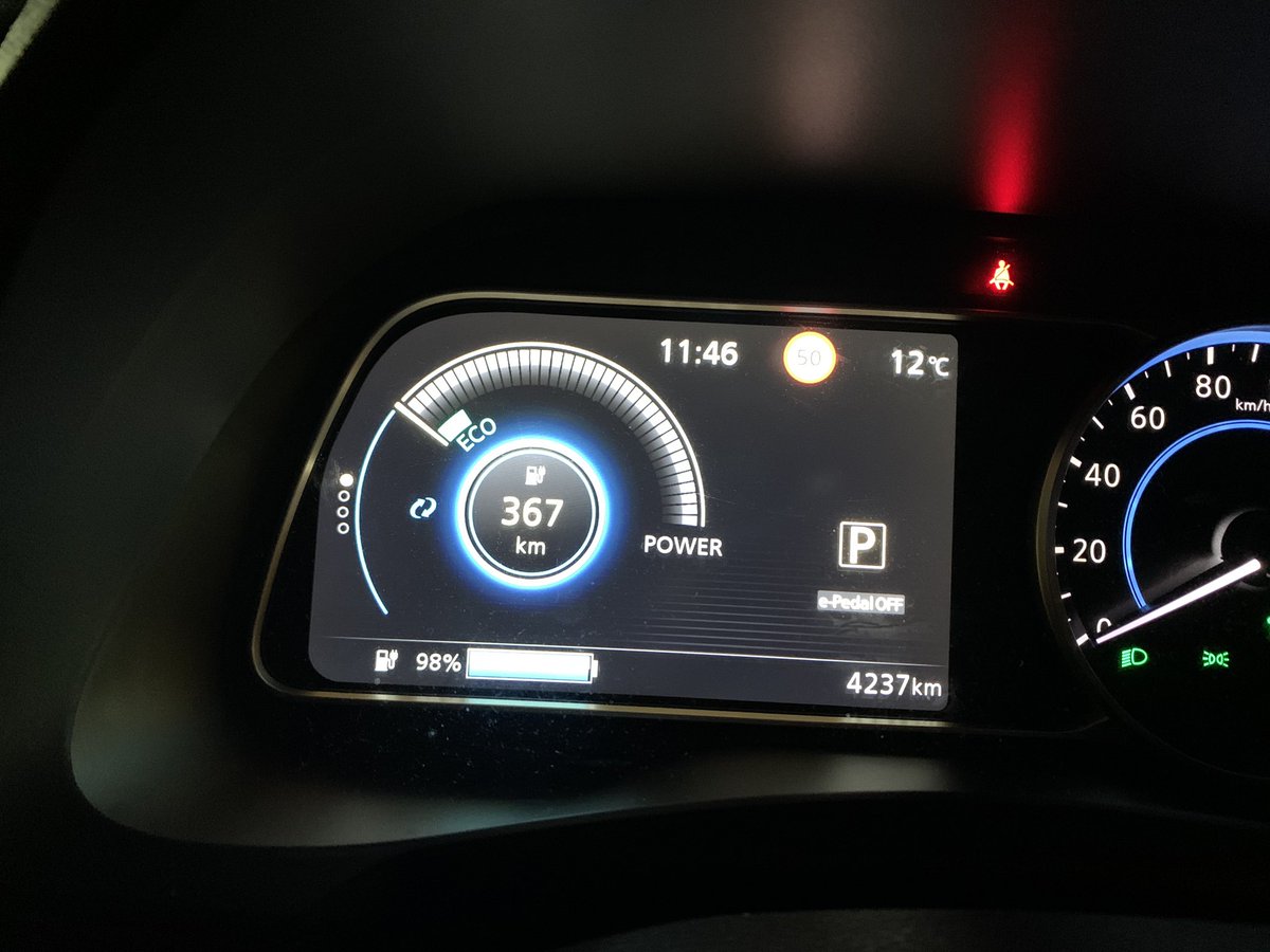 km77com's tweet photo. Hoy hemos cargado a tope un #Nissan Leaf (la recarga se ha detenido automáticamente en el 98% según el indicador del coche). La autonomía estimada era 367 km y hemos realizado un viaje por autovía (A-1) desde el centro de Madrid hasta llegar al 1%, con 240,8 km recorridos. https://t.co/SCUaTyu9iw