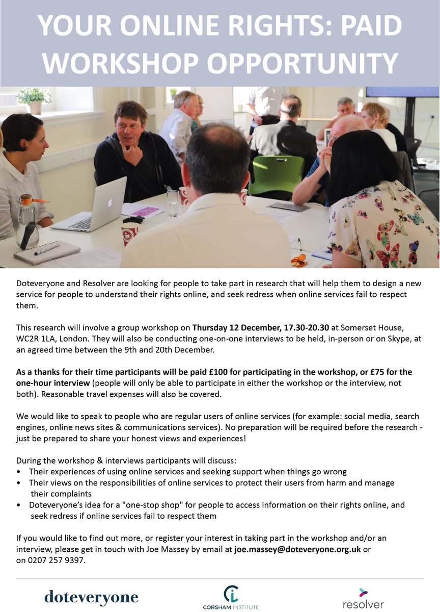 There's still time to sign up to be part of this interesting workshop. Participants will receive £100 for the workshop or £75 for a one hour interview. To find out more or register your interest, please email joe.massey@doteveryone.org.uk or call 0207 257 9397.