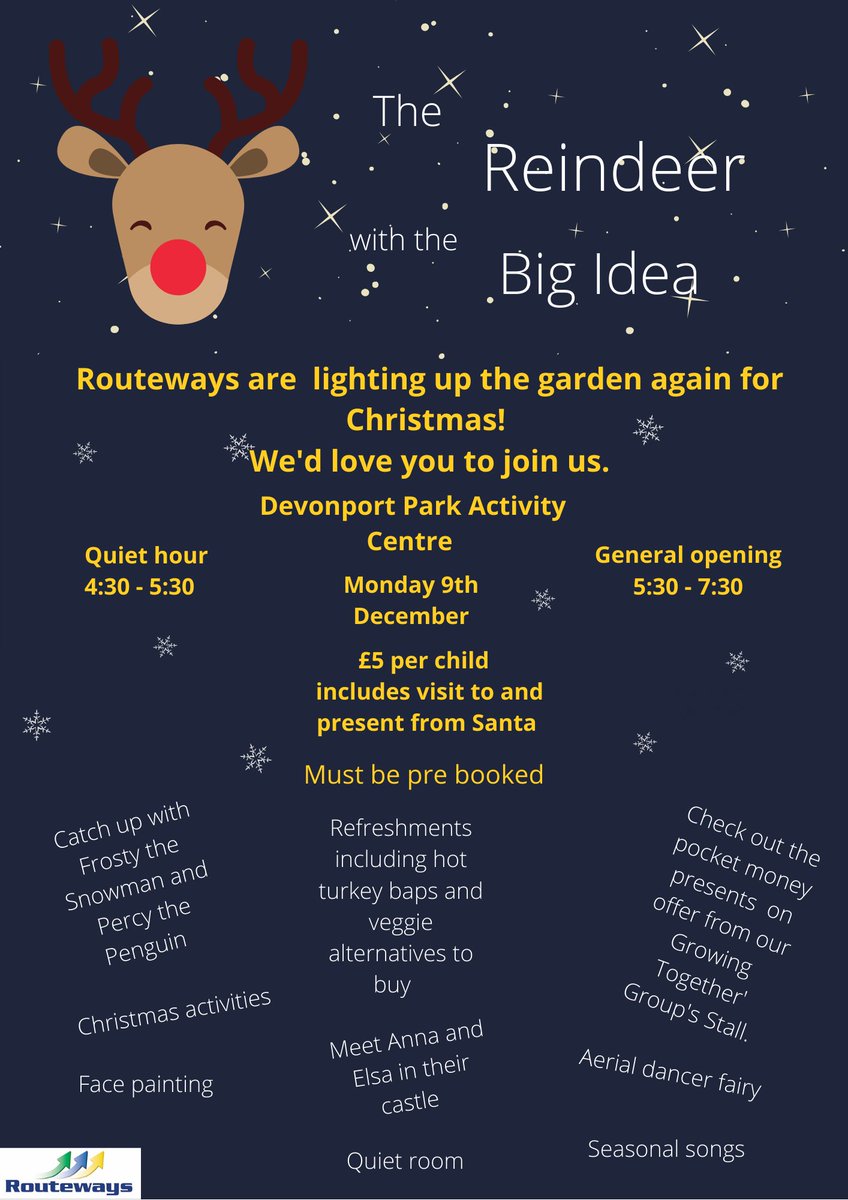 #Routeways #Christmas Event The #Reindeer With The Big Idea Full details and booking at bit.ly/Reindeerwithth… £5 per child- includes visit to #santa Limited Quiet Hour tickets also available. You must pre book to attend this event. Questions? 01752 856719