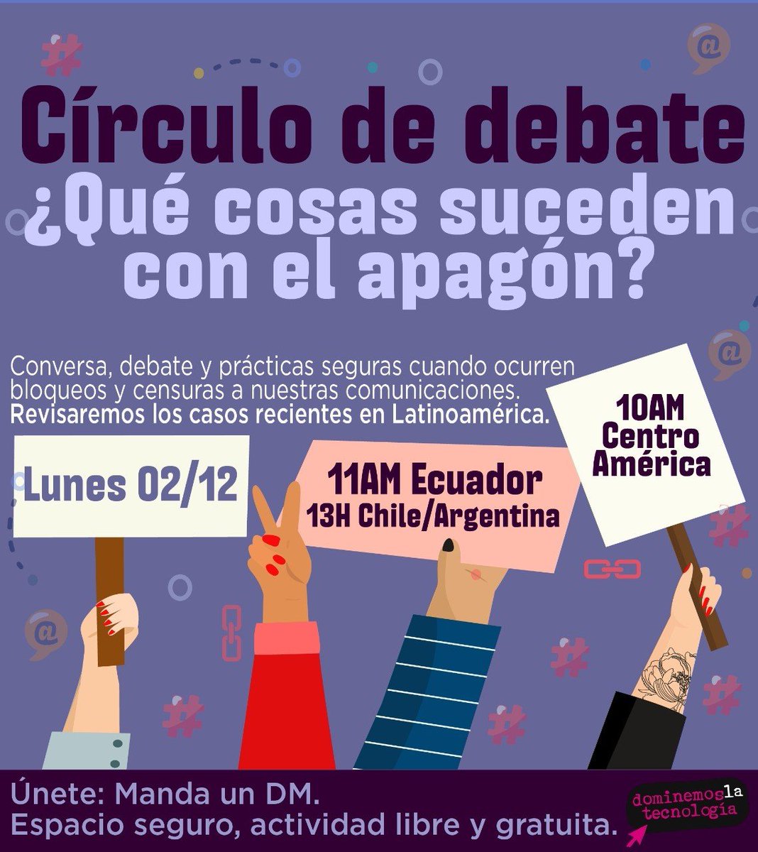 DominemoslasTIC's tweet photo. Recientemente con los estallidos sociales en AmLat atestiguamos diversas formas de censura: desde caídas de conexión, msjs audio y video no disponibles, hasta bloqueo de cuentas en RS. #DenunciaSilenciamiento Participa con DM o correo a ideas@dominemoslatecnologia.net *02/12* https://t.co/jWfnbr2vz1