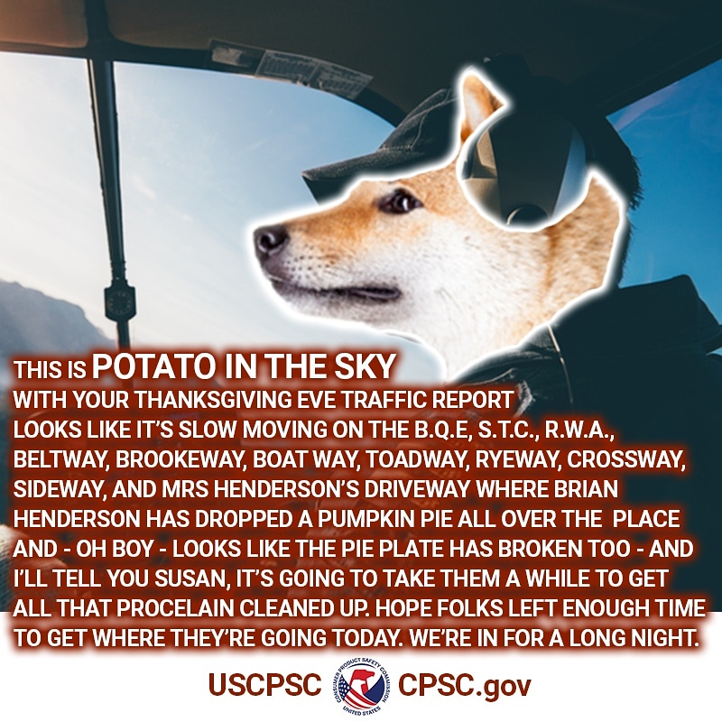 A dog named potato riding in a helicopter. The text reads: This is potato in the sky with your Thanksgiving eve traffic report. Looks like it's a slow going on the freeway, beltway, and Mrs henderson's driveway where brain Henderson has dropped a pumpkin pie and I'll tell you Susan it's going to take them a while to clean that up.