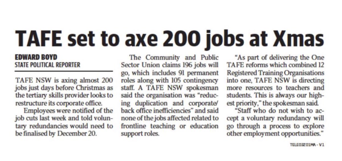 As if it wasn’t bad enough to have sacked 5700 staff since coming to power, this Government’s latest attack on TAFE is cruel and heartless. We need a Gov that believes in the value of TAFE, not one that takes to it with an axe.