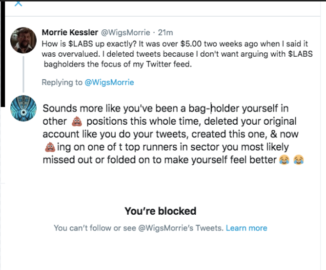 _FreedomUnleash's tweet photo. He blocked me for this I guess it's true 😂😂
$labs 💪
#potstocks #weakbears https://t.co/9KIBFjtOfK