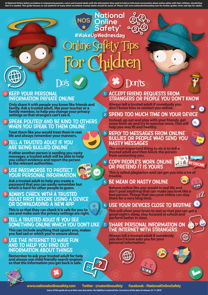 wake_up_weds's tweet photo. Online Do's✅👍 Online Don'ts🚫👎
This #WakeUpWednesday we advise children on how to keep safe in the online world; from protecting their personal info to dealing with strangers, here are our 14 tips. Download your free guide here >> https://t.co/kTBbYVhJIs https://t.co/1vCljGDRER