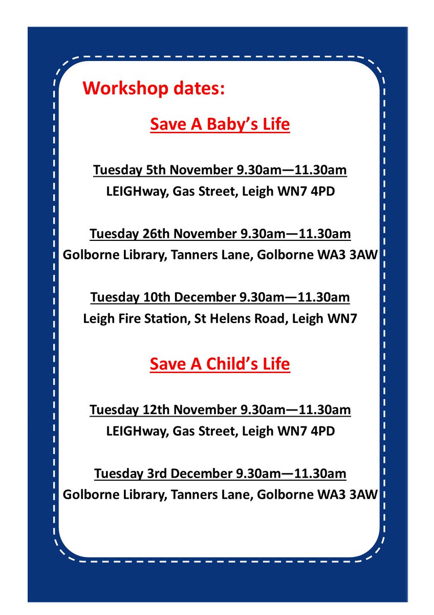 WestleighSWFC's tweet photo. We still have spaces on next week's Save A Child's Life at Golborne Library on the 3rd Dec. Phone to book your place. https://t.co/Q4midvfTkG