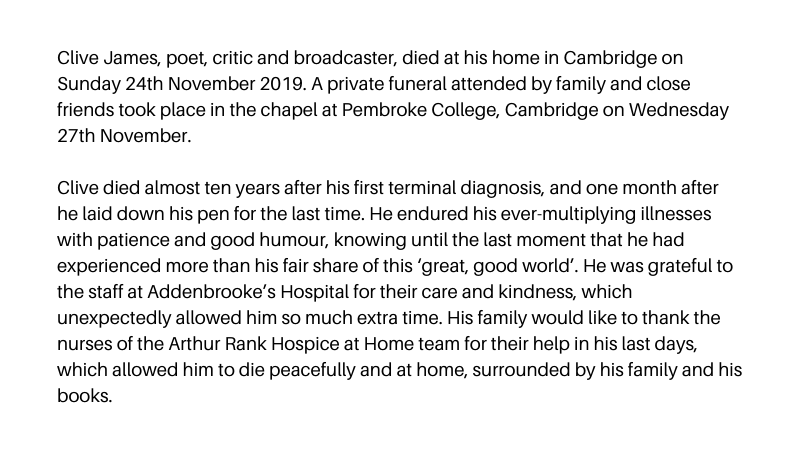 United Agents on behalf of Clive James' Family announce the following statement.