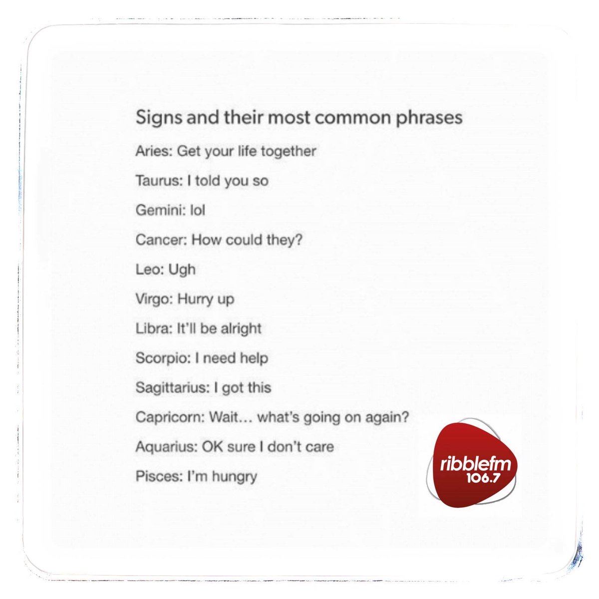 ribblefm's tweet photo. On AIR NOW.. It's #Wednesday &amp; apparently your #starsign says 'Your most common phrase' Is this correct? What's your common phrase? Tune in now Simon Field #HomeRun sponsored by KBL Solicitors LLP for great music, local traffic &amp; travel. #Clitheroe #RibbleValley #BuckshawVillage https://t.co/lPLHn6Vth1