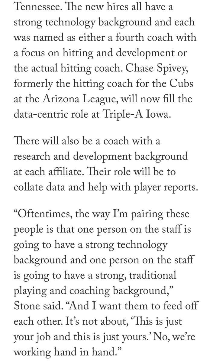 1/ Can’t we all get along? Great article in  @TheAthletic about the great new stuff Justin Stone of the Cubs is doing. The luddites must note that technology is changing the game and improving players. But no one is saying that “old school” guys are not needed. It’s not one or...