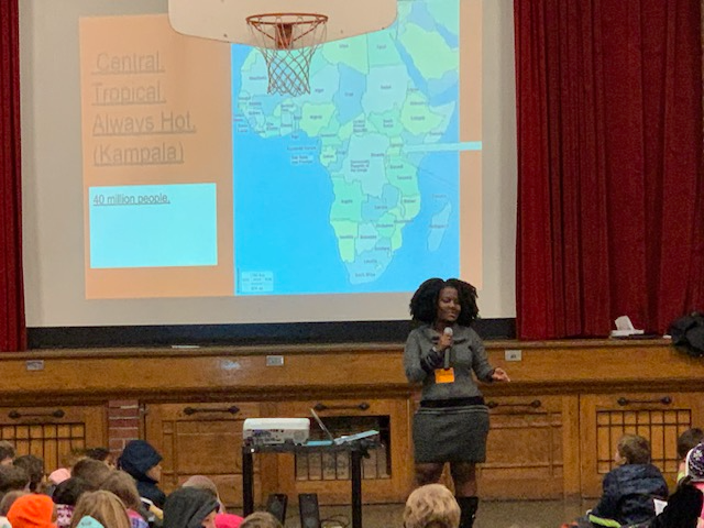 hpstigers's tweet photo. During a global learning assembly, Mrs. Erickson introduced Prosy Mills, an exchange student from Uganda, Africa. Prosy gave an interesting presentation on how different Uganda is from Hastings. #hpstigers #hastingsnebraska #longfellowelementary https://t.co/iz11YejPv8