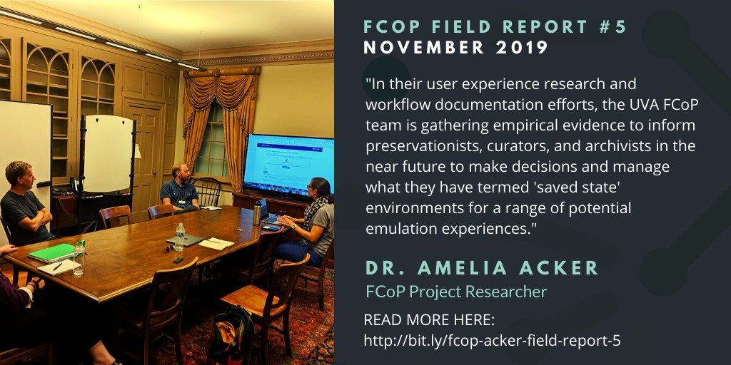 In her latest report FCoP Project Researcher Amelia Acker writes on her site visit to the UVA Library FCoP team with Lauren Work, including tests and documentation of workflows using the EaaSI platform. 

 READ MORE HERE: http://bit.ly/fcop-acker-field-report-5