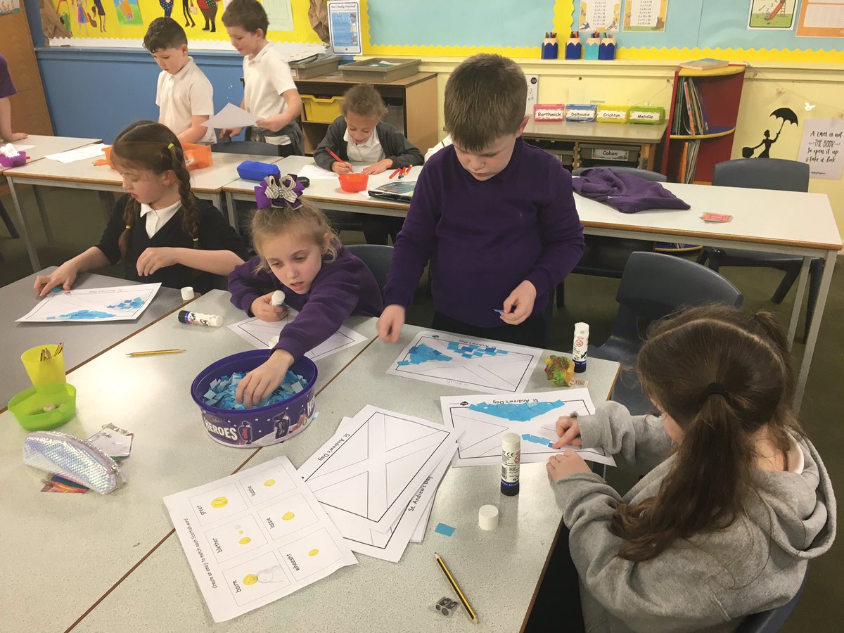 lasswadeps's tweet photo. P3 working together today to complete activities based around our learning on St Andrew’s Day. 🏴 This included doing internet research, drawing emojis for Scots words and making a mosaic Scotland flag. #LearningLolas https://t.co/CBWLR9tdmu