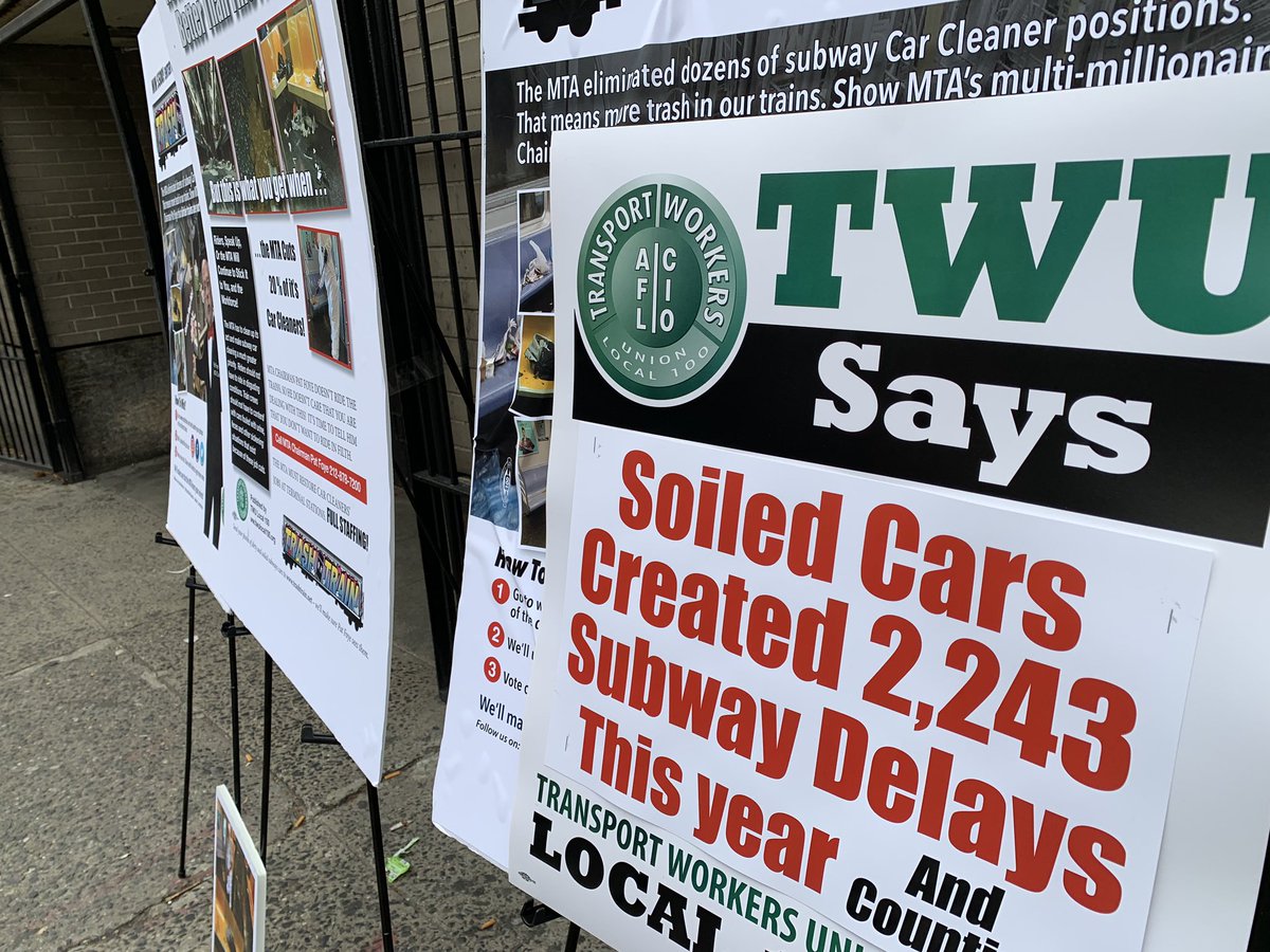 JMartinezNYC's tweet photo. “Every day we’re punched, assaulted, spit on,” says @NelsonRiveraTWU. “Enough is enough.”

Big 🔥 &amp; turnout in Harlem from @TWULocal100, which says filthy trains &amp; anger from the riding public make their tough jobs even tougher. https://t.co/pYH3mENx5B