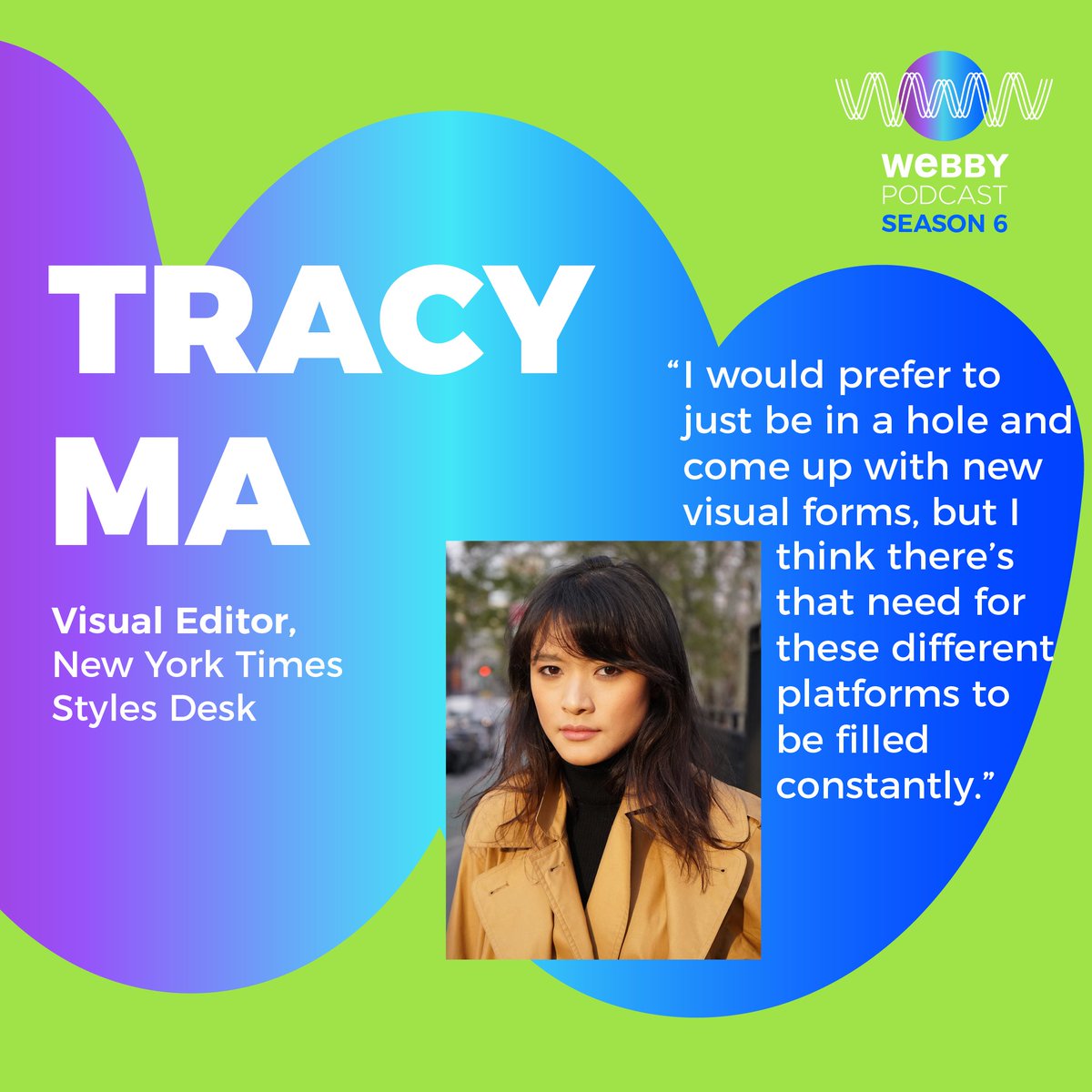 TheWebbyAwards's tweet photo. @NYTStyles @tracy_ma @ianTDR + don't forget to listen to @tracy_ma's episode on the #WebbyPodcast → https://t.co/ETAcJhYKBT https://t.co/231AgDGZnd