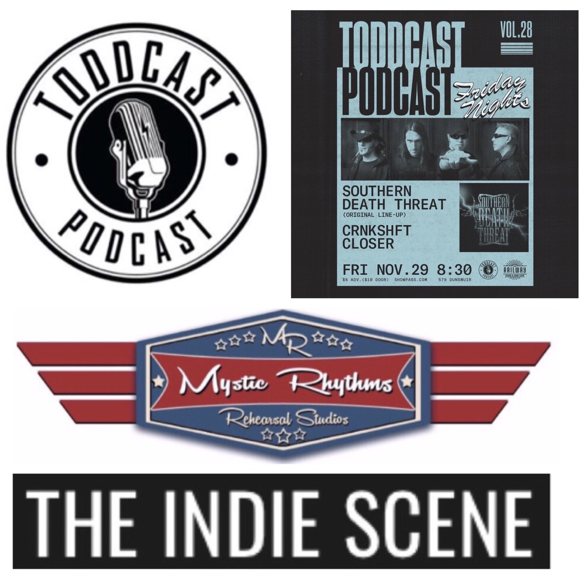 <a href="/rhythms_mystic/">Mystic Rhythms</a> powered #TheIndieScene #Vancouver highlight: #SouthernDeathThreat (original lineup) w/ <a href="/crnkshftband/">CRNKSHFT</a> &amp; <a href="/closer_bc/">Closer</a>! 

#Podcast Friday Nights Vol.28 at <a href="/railwaySBC/">Railway Beer Café</a> November 29th 8:30PM / $10 at the door! ow.ly/WvL34