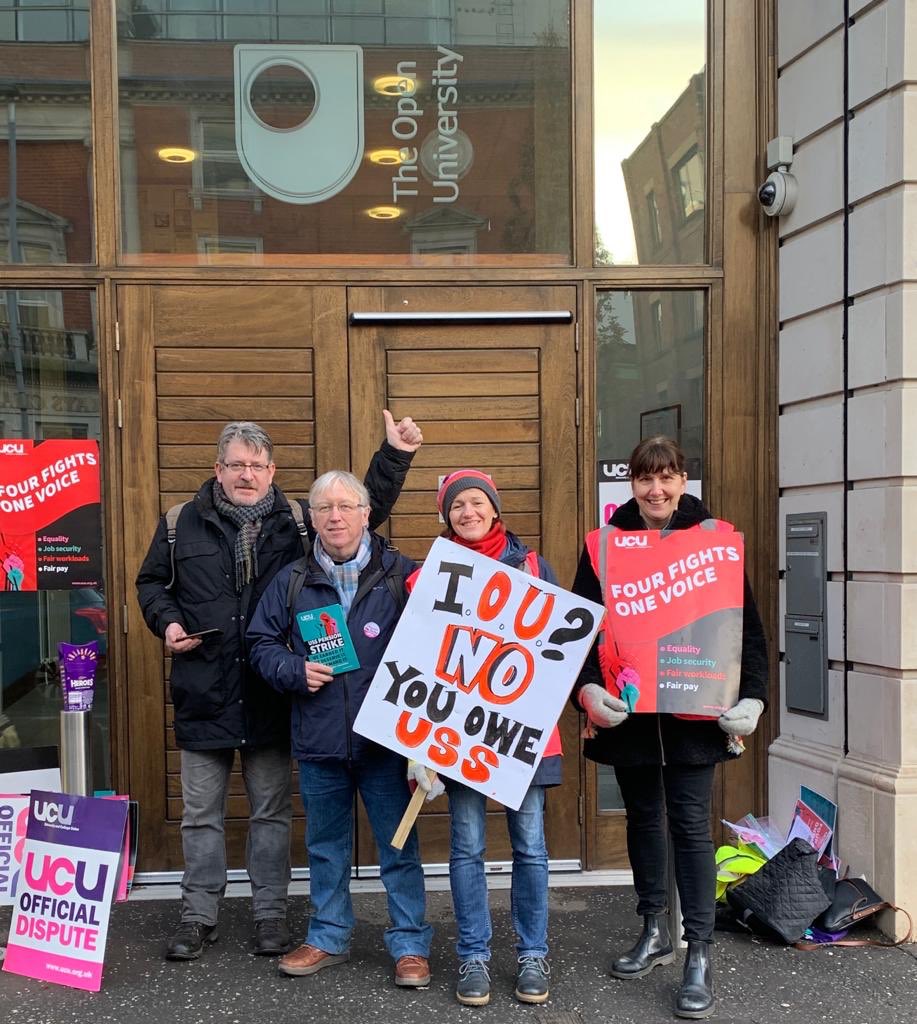 DrNicMac's tweet photo. Good day to be on the picket line with flying visits from @UCU_Ulster and @ucuatqub and Douglas Chalmers president of UCU. 👍to chocolates from QUB cycling pickets @ou_Ireland_ucu @oubucu #UCUstrike https://t.co/jSbV33f6La