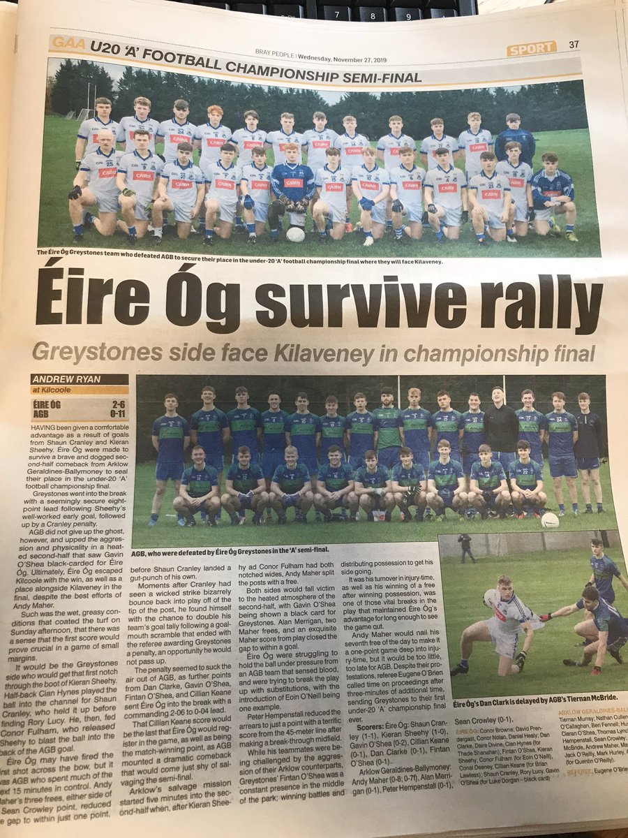 EireOgNCL's tweet photo. U20 A Football Championship

Report &amp; pics in today’s Bray People from Sunday’s hard fought victory over AGB in the U20. A Football semi final.

U20 A final v Kilaveney (Tinahely &amp; neighbouring clubs) is fixed for next Sun Dec 1st at 12.00 in Aughrim. All support welcome

🔵⚪️ https://t.co/g6J9Mzfrqj