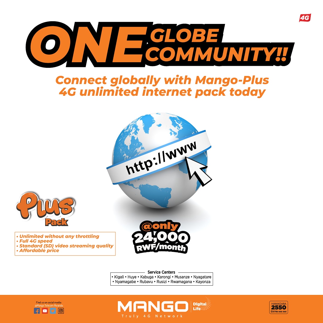 Mango4G's tweet image. The internet has brought communities across the globe closer together through instant communication. Get connected to the global network today with #MangoPlus 4G unlimited internet pack @ only Rwf 24,000/month. 😊
Call 2550...

#IyatseNaMango #4GUnlimiteddata #LTE #MangoTelecom4G