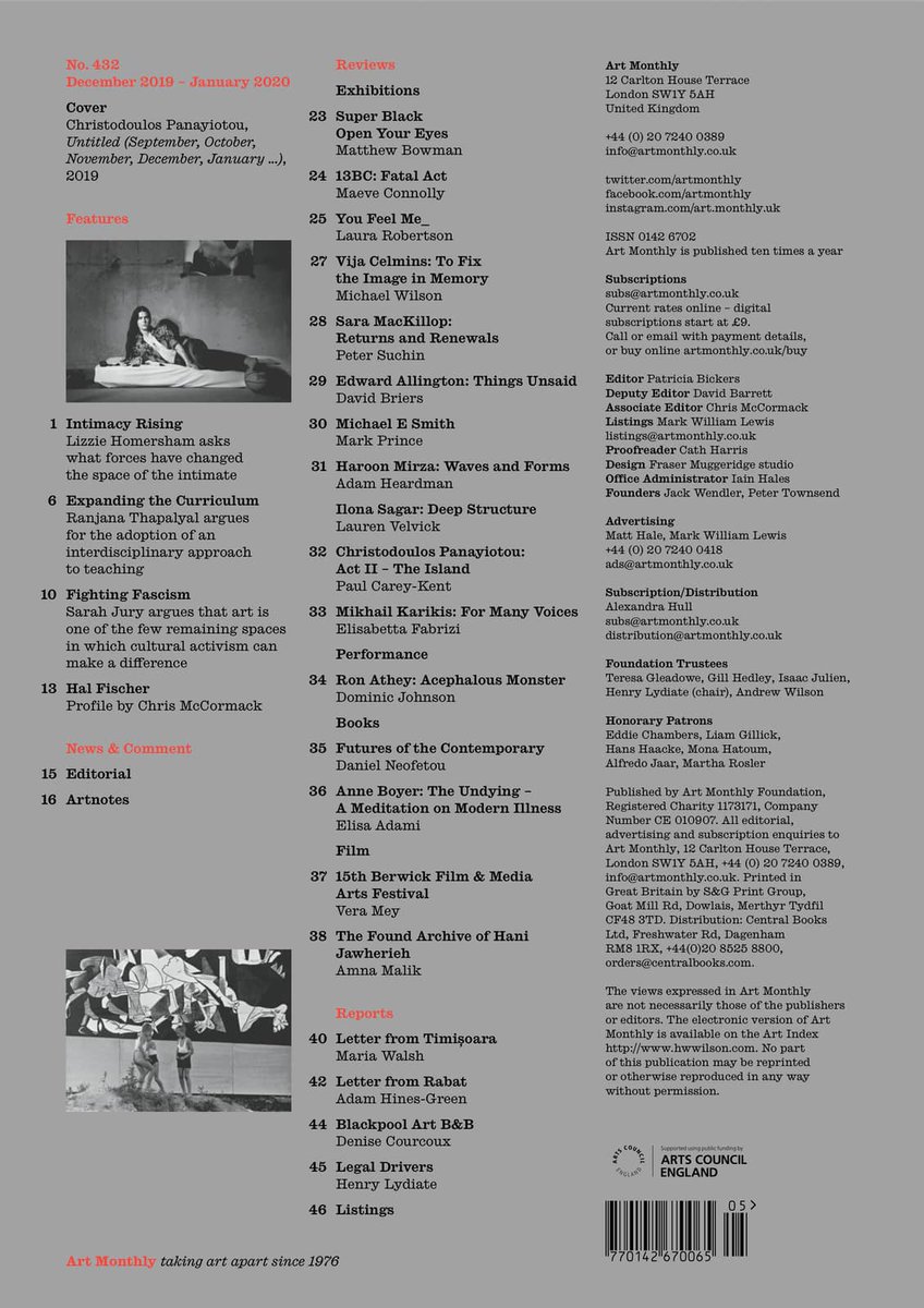ArtMonthly's tweet photo. Art Monthly Dec-Jan:
• Intimacy Rising by Lizzie Homersham
• Expanding the Curriculum by Ranjana Thapalyal
• Fighting Fascism by Sarah Jury
• Hal Fischer profile by Chris McCormack
• plus news, views, reviews and more …
https://t.co/kfehDtsc6c https://t.co/nDtulv6hyv