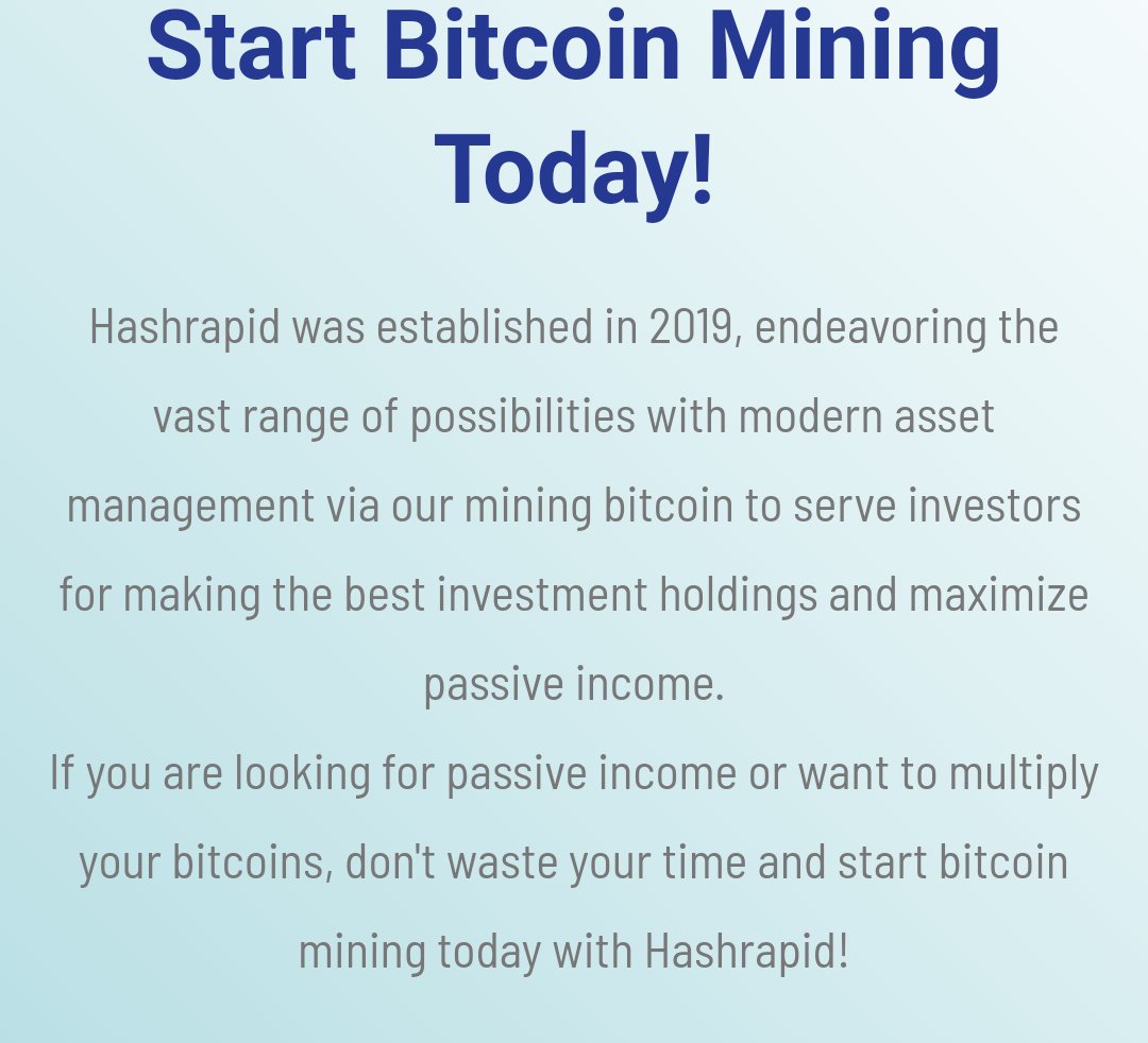 Hashrapid - is a smart bitcoin cloud mining service developed for affordable bitcoin mining, meanwhile designed to provide frequent mining payouts within the shortest possible timeframe. hashrapid.io/213245 #BTC #Mining #earnbtc #Crypto #Ethereum
