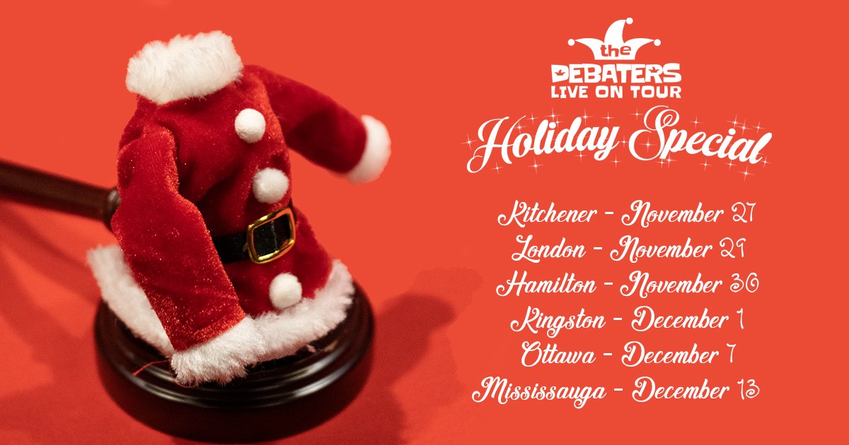 Alberta and BC have cast their votes, now it's Ontario's turn! We're off to #Kitchener, #London, #Hamilton, #Kingston, #Ottawa, and #Mississauga. Join your host, <a href="/patterballs/">Steve Patterson (not a parody)🇺🇦</a>, with <a href="/grahamchit/">Graham</a> and <a href="/DeAnne_Smith/">DeAnne Smith</a>, for a night of holiday-filled hilarity. DebatersLive.com
