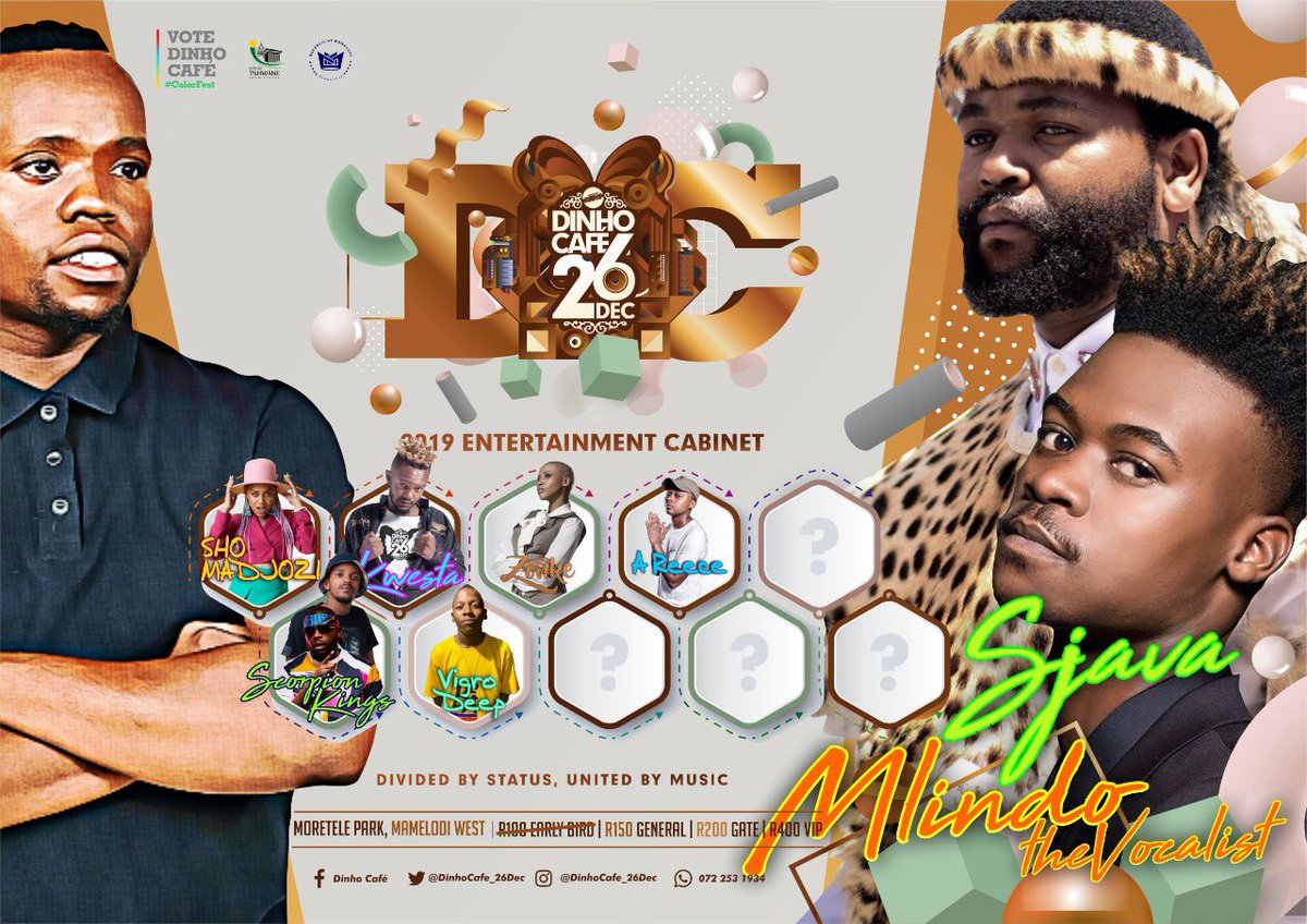 DinhoCafe_26Dec's tweet image. Namhlanje Mama Ngeke’Lale Ekhaya..Yes You Guessed Right ! Honorable Sjava &amp;amp; Mlindo Have Made It To The Cabinet.. Yey Kuyo Fiwa E Dinho Café Do Make Sure You Vote For the Winning Party By Purchasing Your Ticket.Countdown Has Begun.. 

#RoadToDinhoCafé
#DinhoCafé26Dec
#ColorFest
