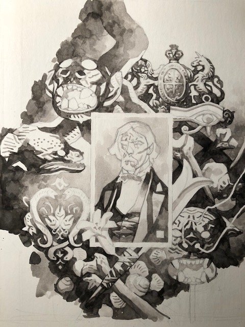 I almost never show work in progress but here's the unfinished and finished ink wash drawing for the the cover of the WITCHFINDER OMNIBUS. 
